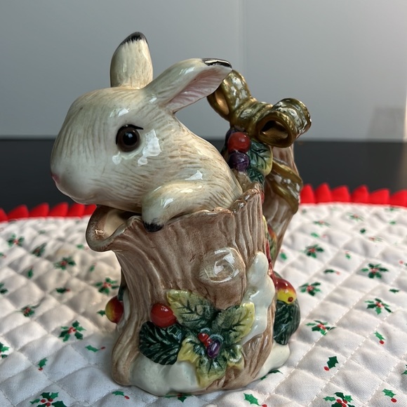 1996 Fitz and Floyd Christmas Holiday Rabbits Creamer Sugar Relish Dish - Picture 4 of 14